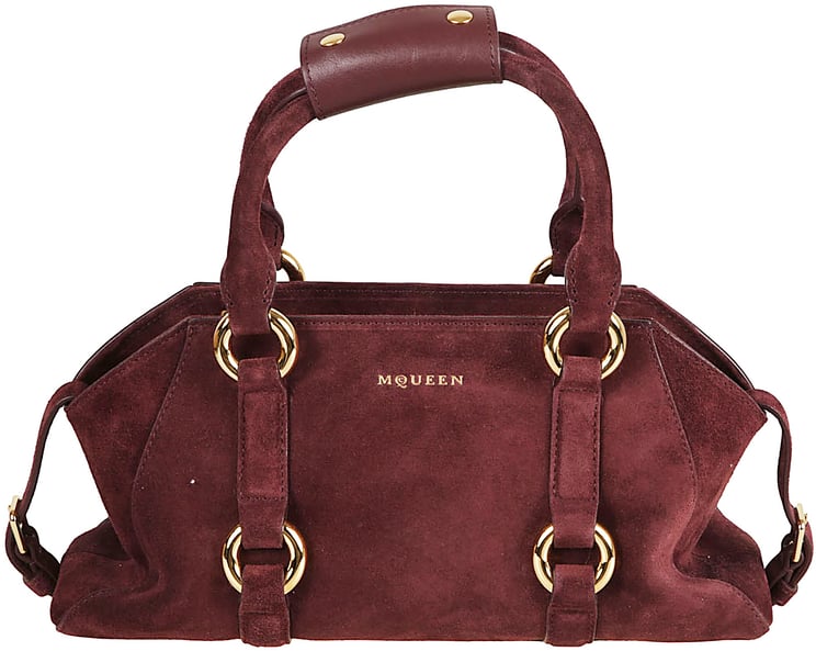 Alexander McQueen Structured Dark Red Suede Farringdon Bag with Gold Hardware