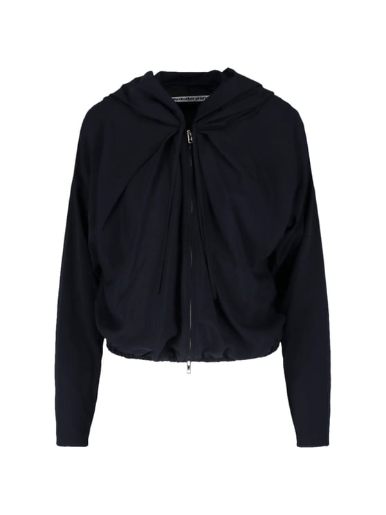 Alexander Wang Cropped Zip-Up Sweater With Gathered Neckline And Hood