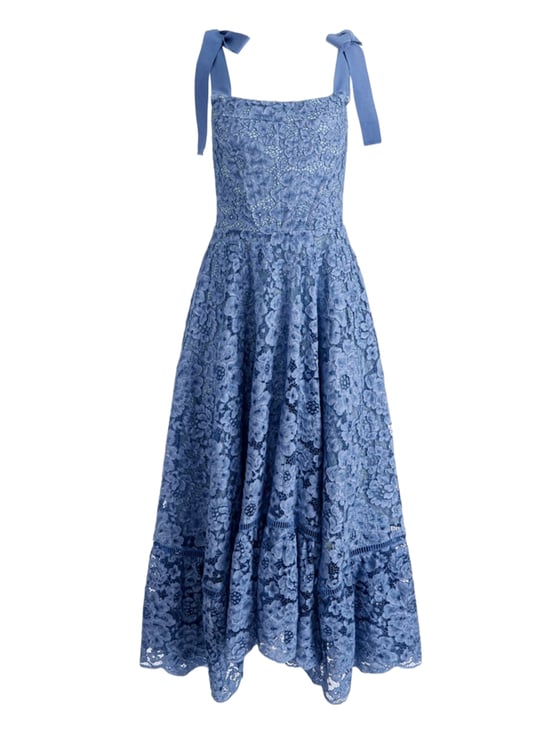 Alice + Olivia Floral Lace Ankle-Length Dress With Corset Bodice And Ribbon Straps