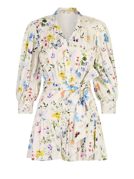 Alice + Olivia Floral Print Mini Dress With Puff Sleeves And Self-Tie Belt