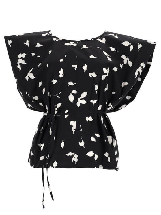 Alysi Black Leaf Print Ribbon Blouse