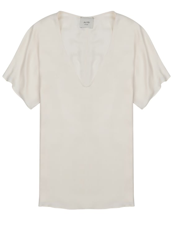 Alysi Neutrals Deep V-Neck Short Sleeves Silk Blouse