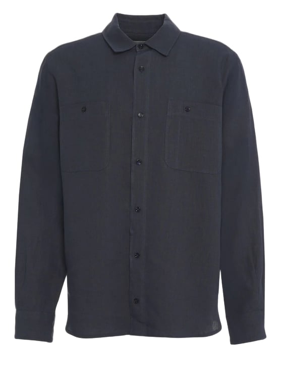 Amaranto Linen Blue Shirt With Chest Pockets And Classic Collar