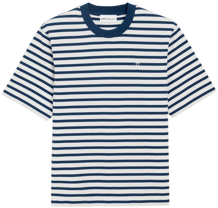 AMI Paris Blue/White Cotton Striped Embroidered T-Shirt