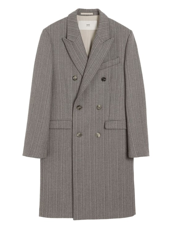 AMI Paris Double-Breasted Herringbone Wool Coat With Peak Lapels