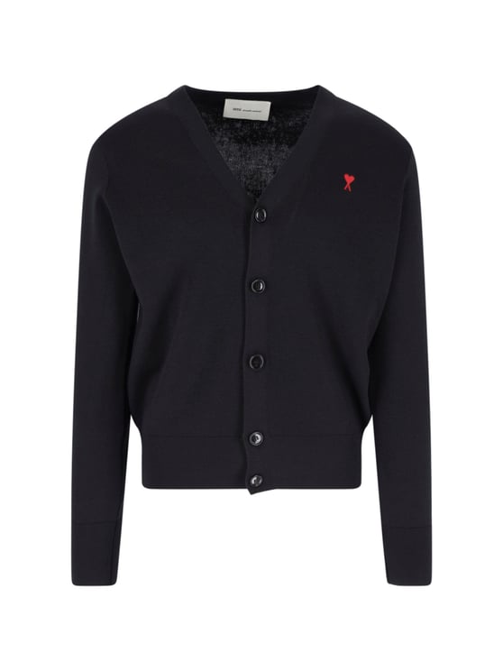 AMI Paris Cropped Black V-Neck Cardigan with Button-Down Front