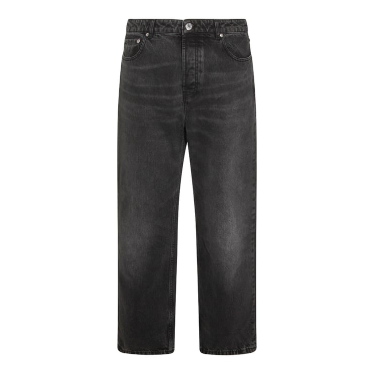 AMI Paris Regular Fit Washed Black Cotton Jeans with Leather Patch Detail