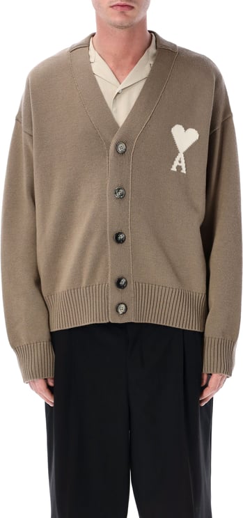 AMI Paris Cardigan With Contrasted Ami De Coeur Beige Taupe