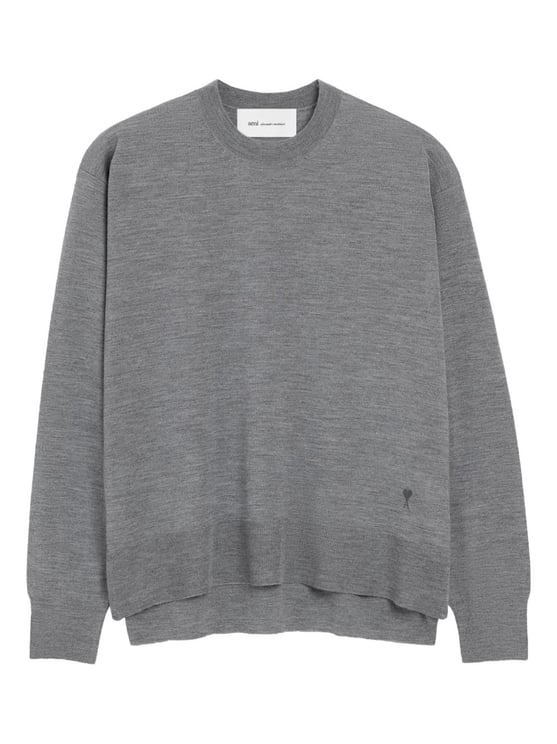 AMI Paris Grey Ribbed Finishes Wool Sweater