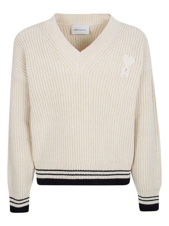 AMI Paris Ribbed Knitted Sweater with V-Neckline and Crochet Accents