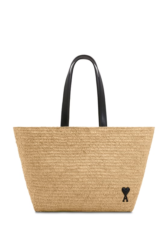 AMI Paris Natural Beige Woven Raffia Tote Bag