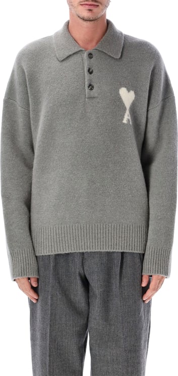 AMI Paris Quota - Polo Sweater With Ami De Coeur Grigio