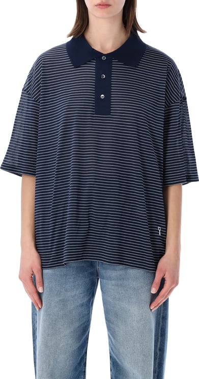 AMI Paris Striped Boxy Fit Polo With Ami De Coeur Blu