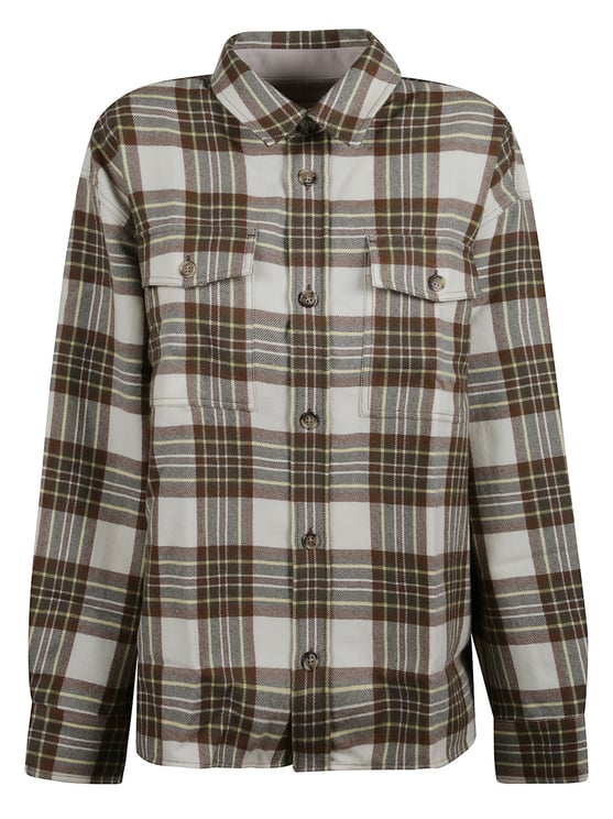 AMI Paris Brown and White Checked Shirt with Structured Collar