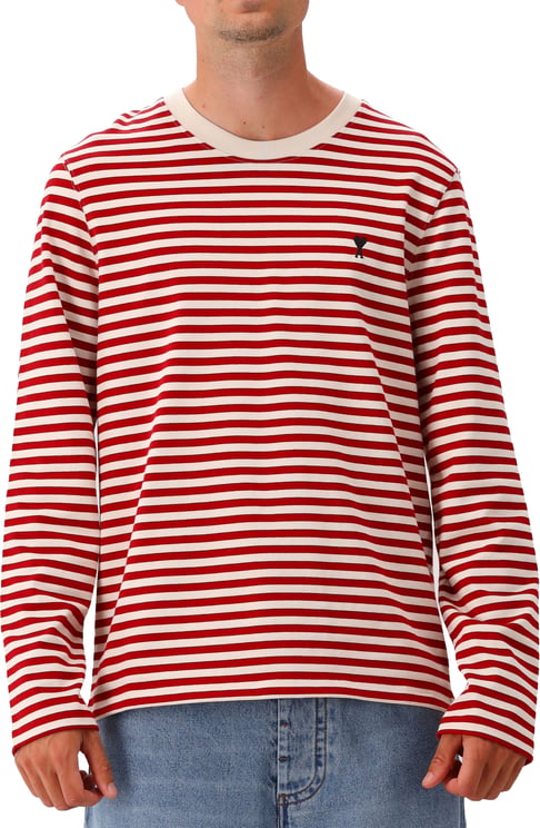 AMI Paris AMI Paris Longsleeve Rood Striped Ami De Coeur Embroidery