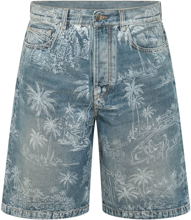 Amiri Chateau Denim Shorts con Stampa Paesaggio