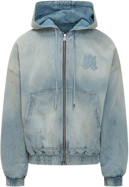 Amiri Felpa Denim Zip con Cappuccio e Tasche a Marsupio