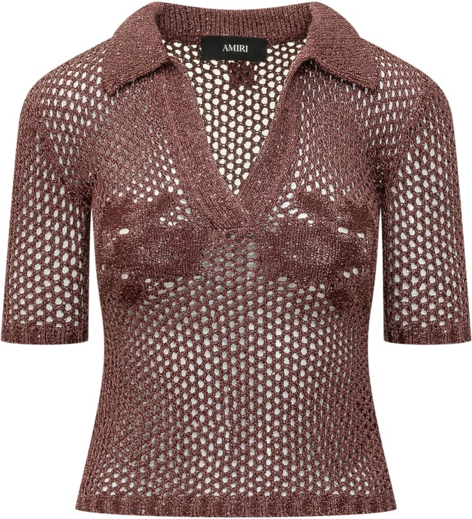 Amiri Polo in Maglia Traforata con Colletto e Scollo a V