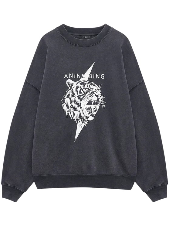 Anine Bing Relaxed Fit Black Sweatshirt with Roaring Tiger Graphic