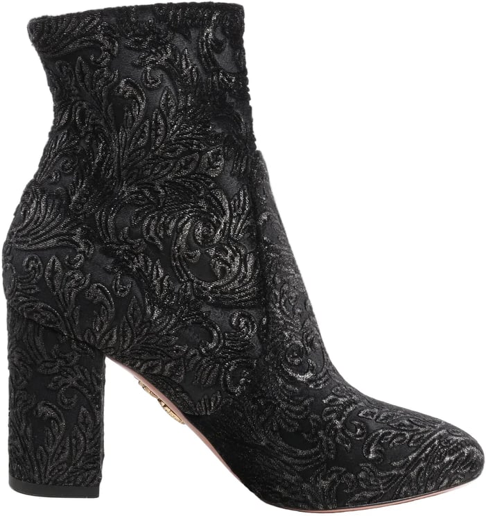 Aquazzura AQUAZZURA Heeled Velvet Ankle Sock Boots Tonal Baroque Tapestry in Black, Size 35.5 EU
