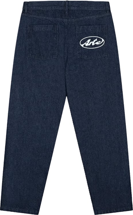 Arte Antwerp Broek met cirkellogo op de zakken, gemaakt van onbewerkt denim.