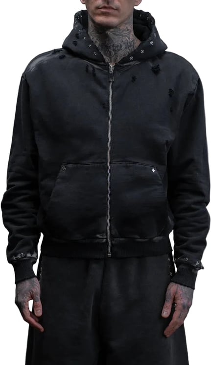 ASKYURSELF CROSS STUDDED DESTROYER ZIP HOODIE VINTAGE BLACK