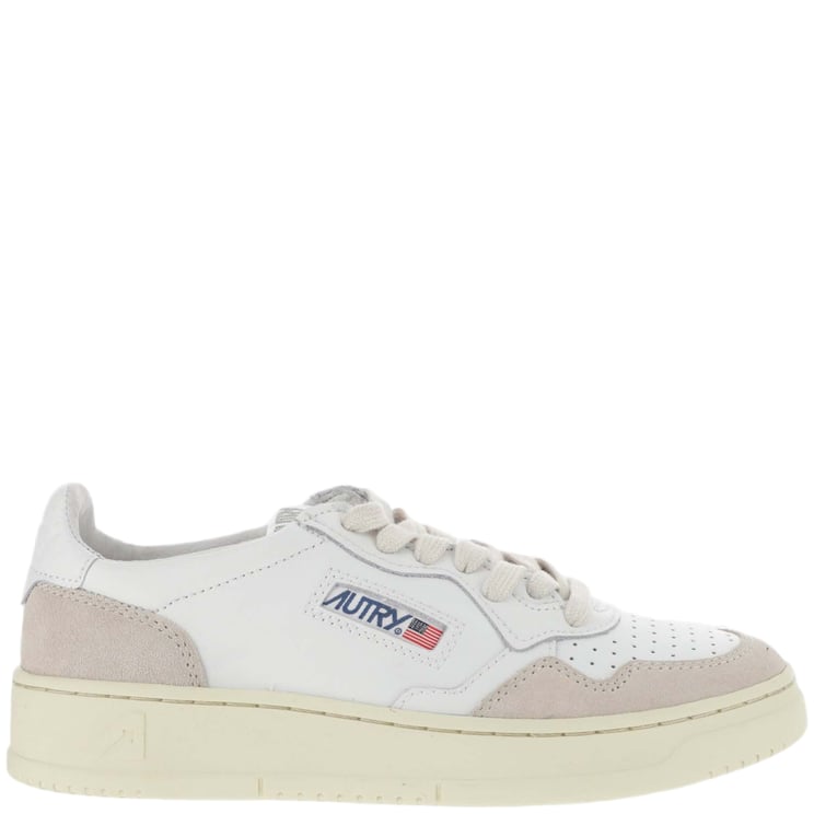 Autry Beige Leather And Suede Low-Top Sneakers With Embossed Branding