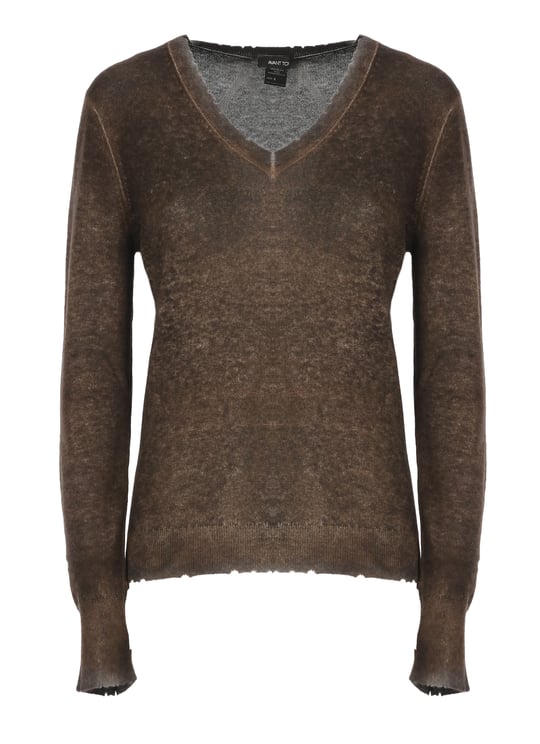 Avant Toi Brown Textured V-Neck Sweater