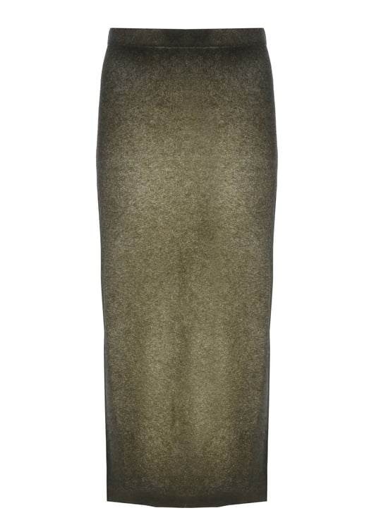 Avant Toi Green Melange Midi Skirt With Back Slit And Elastic Waistband