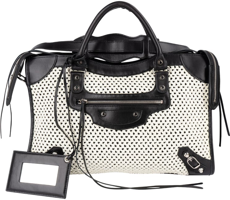 Balenciaga Balenciaga Black and White Raffia and Leather City Handbag