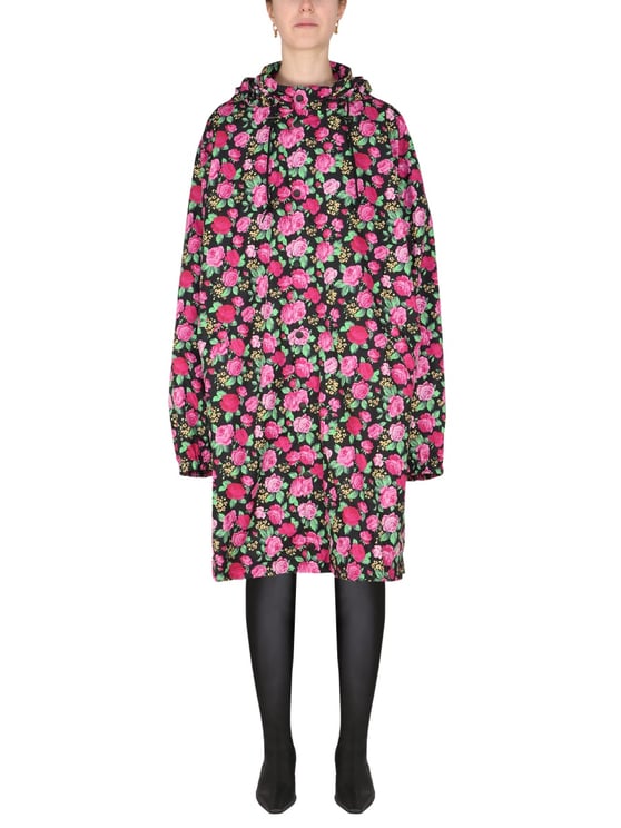 Balenciaga Floral-Pattern Hooded Coat with Drawstring Closure