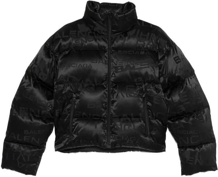Balenciaga Black Cropped Puffer Tonal Logo Jacket