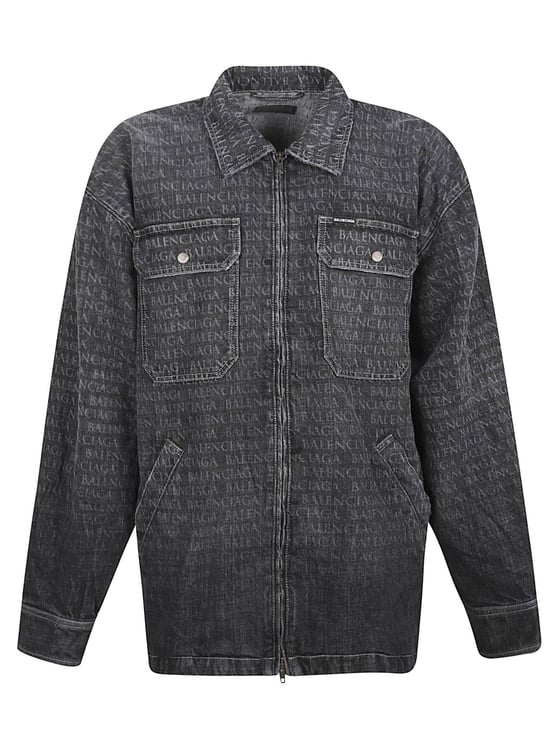 Balenciaga Washed Black Denim Jacket with Tonal Logo Print and Flap Pockets