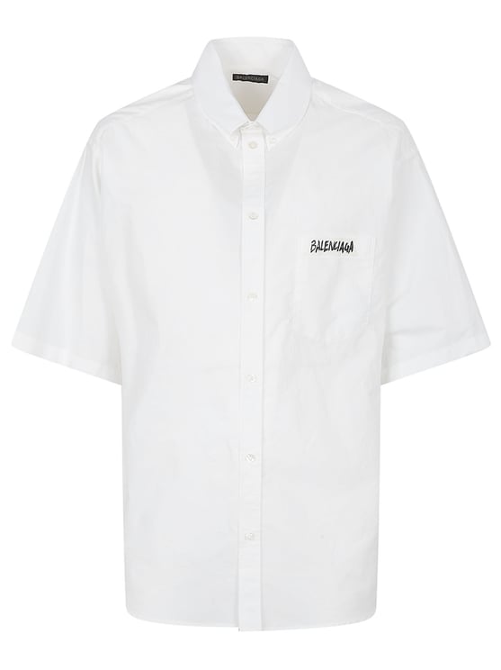 Balenciaga Short-Sleeve White Shirt with Button-Down Collar and Logo Detail