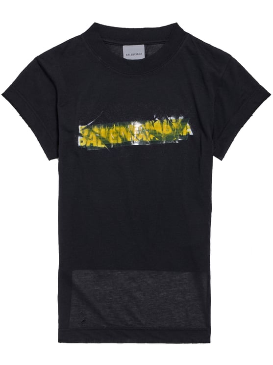 Balenciaga Black Chopped Back Cropped Graphic T-Shirt