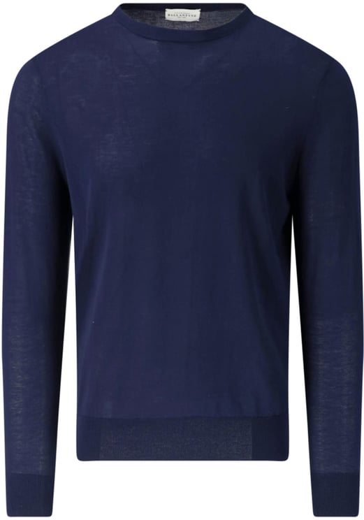 Ballantyne Blue Fine-Knit Ribbed Trim Crewneck Sweater