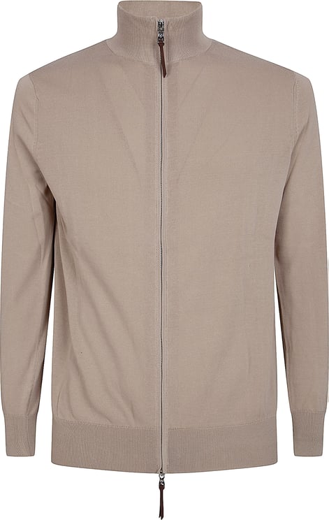 Ballantyne Full Zip Knit Sweater with Ribbed Collar and Leather Detail