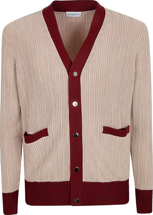 Ballantyne Ribbed Cardigan with Burgundy Accents and Button-Down Front