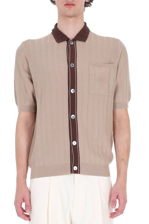 Ballantyne Ecru Textured Cotton Trimmed Polo Shirt