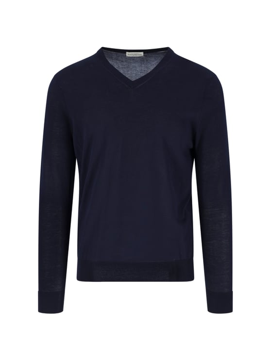 Ballantyne Blue V-Neck Ribbed Cotton Knit Sweater