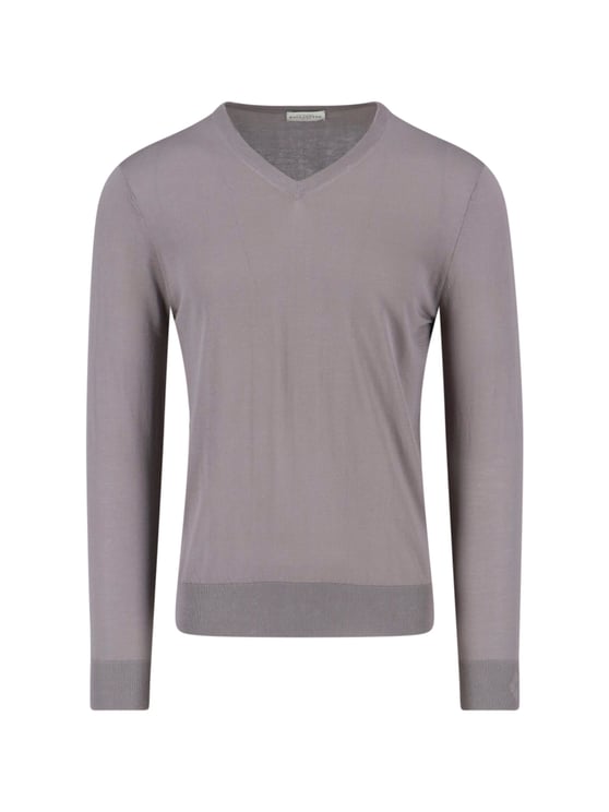 Ballantyne Grey V-Neck Ribbed Cotton Knit Sweater