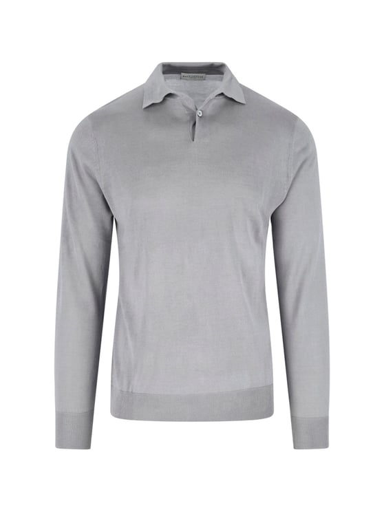 Ballantyne Grey Silk-Cashmere Ribbed Polo Sweater