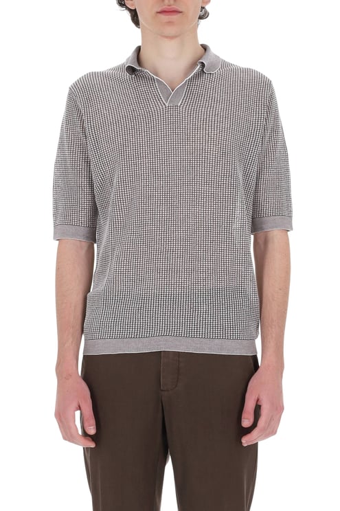 Ballantyne White Brown Textured Cotton-Linen Polo Shirt