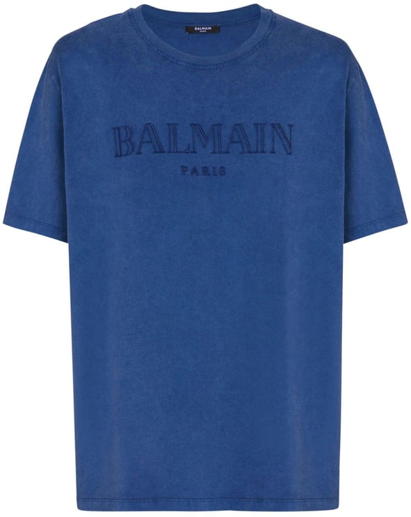 Balmain Navy Blue Cotton Logo Print T-Shirt