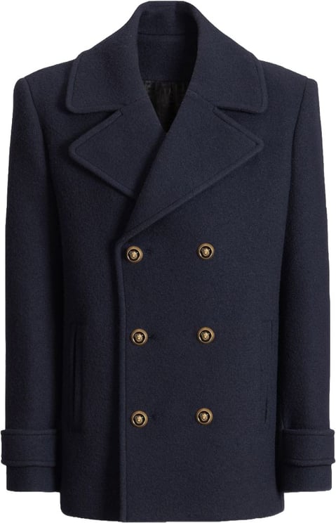 Balmain Boxy Double-Breasted Peacoat with Gold-Tone Details