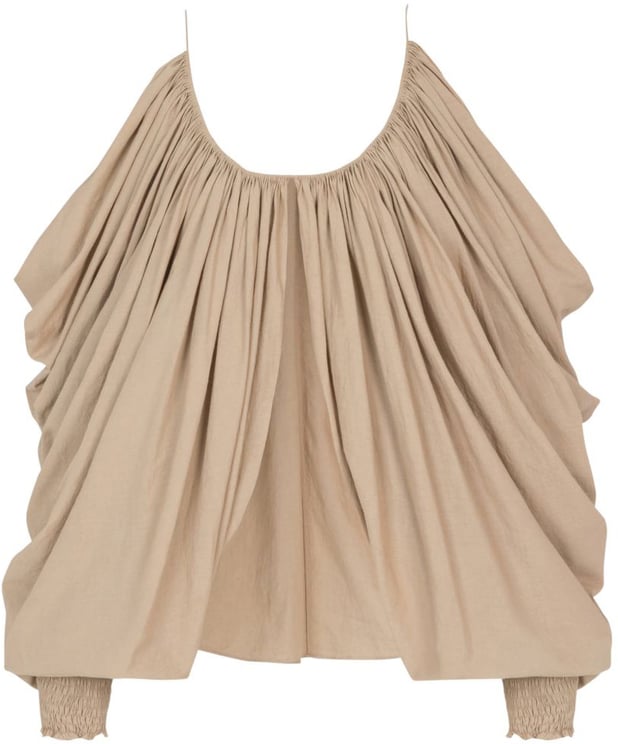 Balmain Beige Gathered Cut Out Cotton Top