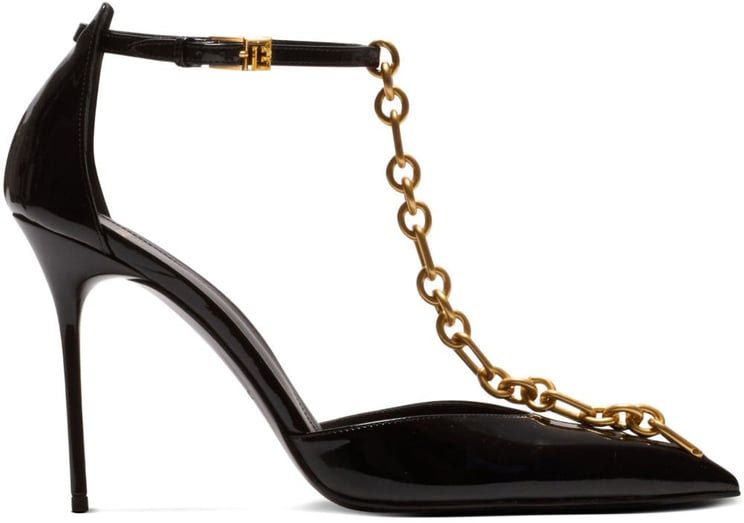 Balmain Glossy Pointed-Toe Pumps With Gold Chain Detailing