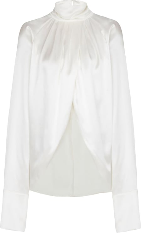 Balmain High-Neck White Top With Gathered Draped Front