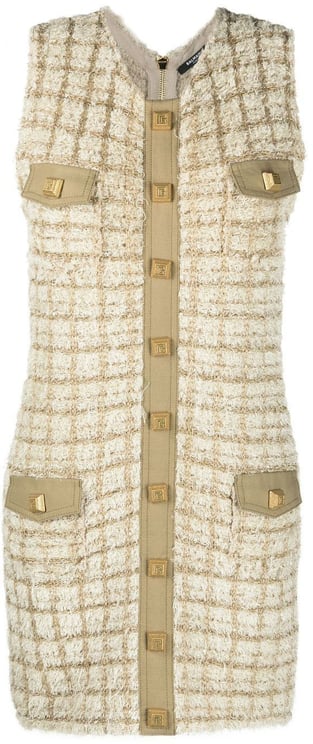 Balmain Checkered Tweed Short Sleeveless Mini Dress
