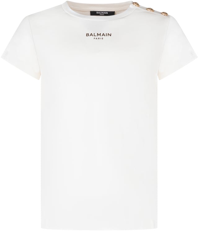 Balmain T-shirt con Logo Frontale e Bottoni su Spalla
